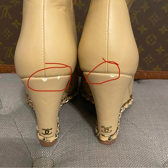 Chanel Lambskin Leather Chain Open Toe Wedge Booties, Beige, Size 38 - Picture 9 of 9